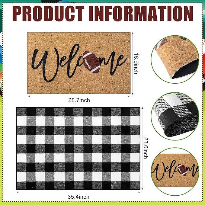 2 Pcs Football Door Mat Welcome Non Slip Coir Mats Funny Black White Buffalo Plaid Floor Layering Doormats Seasonal for Front Porch Entryway Decor(Football)