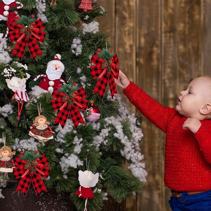 Syhood 6 Pcs Christmas Bows with Pine Cones Pine Needles Xmas Velvet Bows Black and Red Ribbon Christmas Tree Wreath Decoration for Xmas Parties Indoor Outdoor Crafts DIY Decor