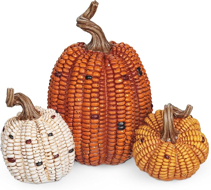 Briful Fall Decorative Corn Pumpkin Set – 3-in-1 Resin Pumpkins Harvest Décor Fake Corn Pumpkins Centerpiece for Thanksgiving Table Tiered Tray Outdoor Autumn Decorations