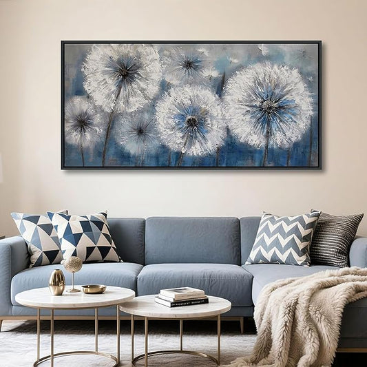 Framed Blue Dandelion Wall Art Decor Canvas Print Picture for Living Room White Flower Flora Plant Home Bedroom Painting Decoration Modern Framed Artwork size 24x48