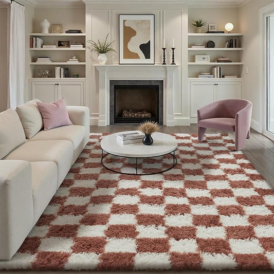 Checkered Rug 8x10 for Living Room, Rose Pink Modern Shag Rug Washable Non-Slip Large Area Rug Super Soft Indoor Fuzzy Carpet Fluffy Rugs for Bedroom Home Aesthetic Decor