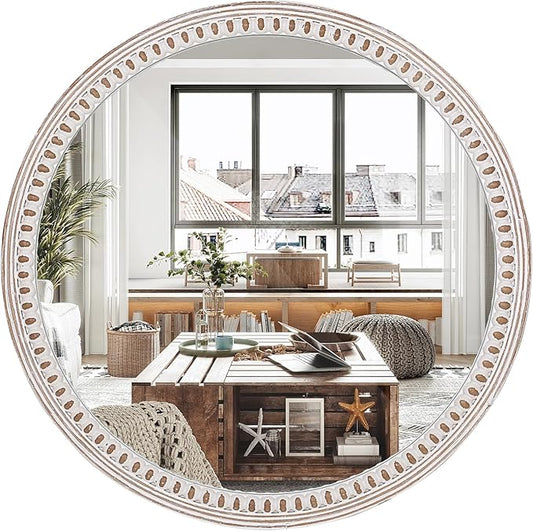 24 inches Decorative Round Wood Mirror with Bead, Rustic Farmhouse Circle Mirrors for Wall Decor, Living Room, Entryway, Bathroom Over Sink