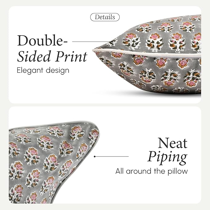 CPC 100% Cotton Throw Pillow Covers 20x20 Inch, Set of 2 Gray Block Print Pattern Couch Pillow, Cute Boho Decorative Pillows for Living Room, Bedroom with Hidden Zipper- Labra Gray