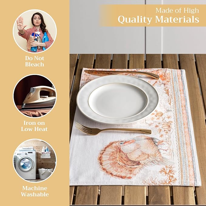 Maison d' Hermine Placemats Set of 4 100% Cotton Washable Cloth Place Mats, Reusable Table Mats for Kitchen Dining Decoration, Party, Wedding, Restaurant (Giving Thanks, 13" x 19")