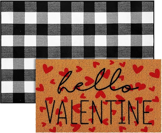 2 Pcs Door Mat Welcome Non Slip Coir Mats Floor Layering Doormats Seasonal for Front Porch Entryway Decor(Valentine)