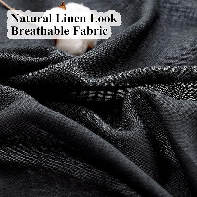 Black Semi Sheer Curtains 84 Inches Long, Linen Textured Light Filtering Drapes for Living Room Bedroom, Dark Moody Modern Farmhouse Window Decor, Pinch Pleat Curtain with Hooks