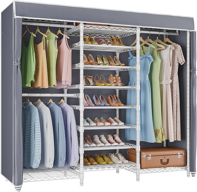 VIPEK S3C Heavy Duty Portable Closet, Adjustable Shoe Rack Wire Shelf, Large Wardrobe Organizer for Bedroom Storage, Freestanding Clothes Rack with Hanging Rod, Custom White Rack with Grey Cover