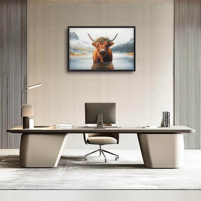 Framed Large Wall Art for Living Room, Highland Cow Canvas Wall Decor, Large Mountain Animal Pictures Framed Painting, Natural Landscape Artwork for Bedroom Office Home Decor 36L'' × 24W''