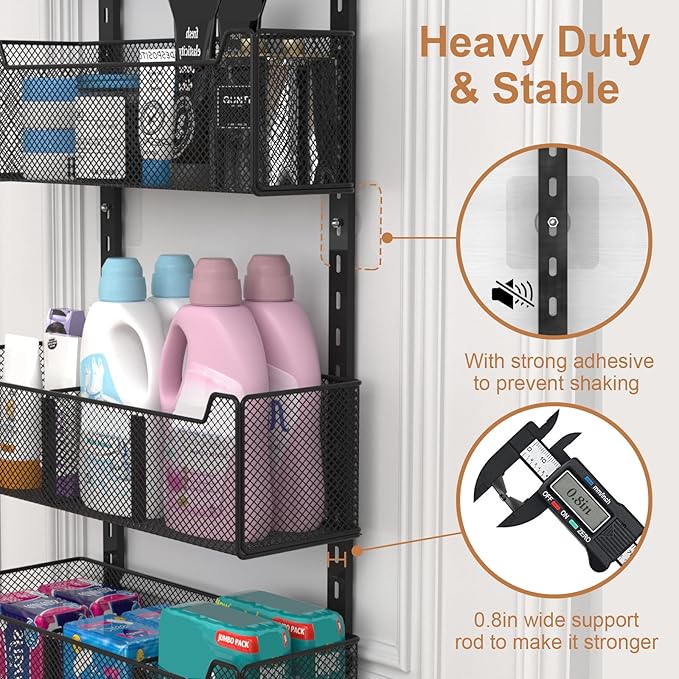 Over The Door Organizer, Metal Door Organizer Hanging with 5 Adjustable Baskets and Coat Hook, Behind The Door Storage for Bedroom Closet Bathroom Pantry Cabinet Kitchen, Black