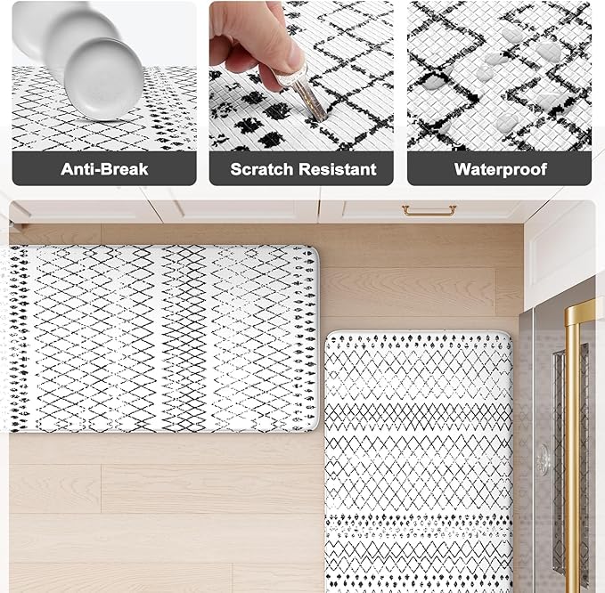 KIMODE Kitchen Mats 2PCS,Anti Fatigue Geometric Kitchen Rugs,Non Slip Waterproof Kitchen Mats for Floor,Cushioned Comfort Foam Standing Desk Mat for Home, Office, Sink,Laundry,Black and White