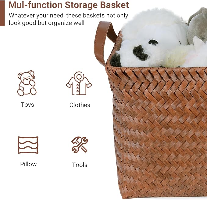 15L Laundry Baskets Waterproof Storage Baskets For Shelves Large Laundry Hamper With Leather Handle -set of 4 Cube Organizers Woven Bins for Bathroom,Bedroom,Pantry,Clothes,Car & Towels-Brown