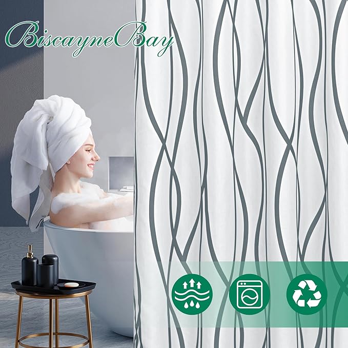 Biscaynebay Textured Fabric Shower Curtain 72x72 Inch, Dark Grey Printed Striped Linen Modern Hotel Luxury Quality Cloth Bathroom Curtains Machine Washable