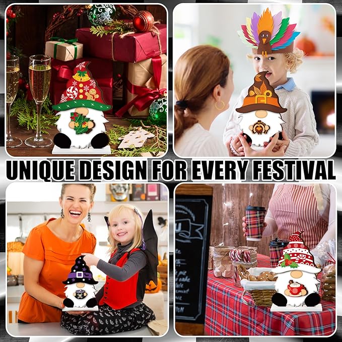 Blulu Interchangeable Wooden Gnome Decor DIY Holiday Seasonal Fall Gnomes Halloween Tiered Tray Decoration with Magnet Pieces Halloween Welcome Sign for Holiday Decorations(Stylish)