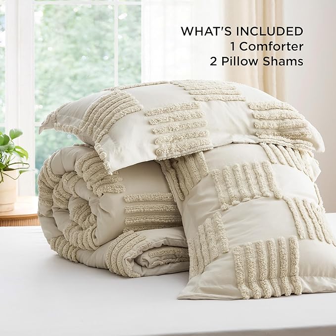 Bedsure King Size Comforter Set Linen, Boho Tufted Bed Set, Grande Checkered Farmhouse Shabby Chic Bedding, 3 Pieces, 1 Plaid Geometric Comforter and 2 Pillow Shams