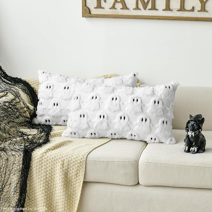 AVOIN colorlife Halloween Ghost White Throw Pillow Cover Set of 2, 12 x 20 Inch Soft Plush Faux Fur Jacquard Spooky Cushion Case Decoration for Sofa Couch