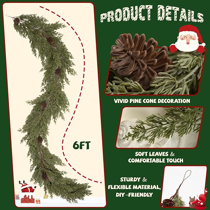 6FT Christmas Garland with Pinecones, Artificial Faux Pine Garland Green Garlands, Soft Bendable Cedar Garland for Table Mantel Wall Stairs Railing, Indoor Outdoor Xmas Decorations, Holiday Decor