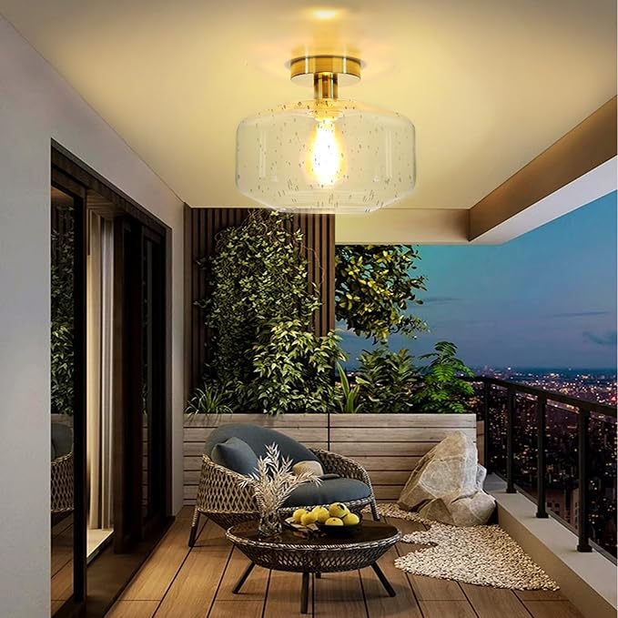 Semi Flush Mount Ceiling Lights, Industrial Ceiling Light, Glass Pendant Lamp Shade,11.8'' Inches Pendant Light Fixtures for Hallway, Entryway, Farmhouse, Kitchen (Gold Seeded Glass)