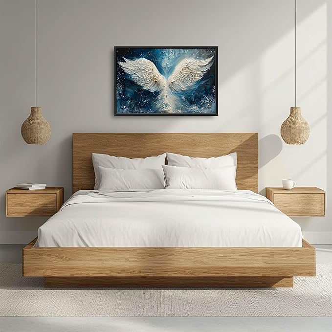Angel Wings Large Wall Art for Living Room Framed, Angel Wall Decor Pictures, Christian Holy White Wing Canvas Print Painting, Aesthetic Artwork Bedroom Office Home Decor 36"x24"