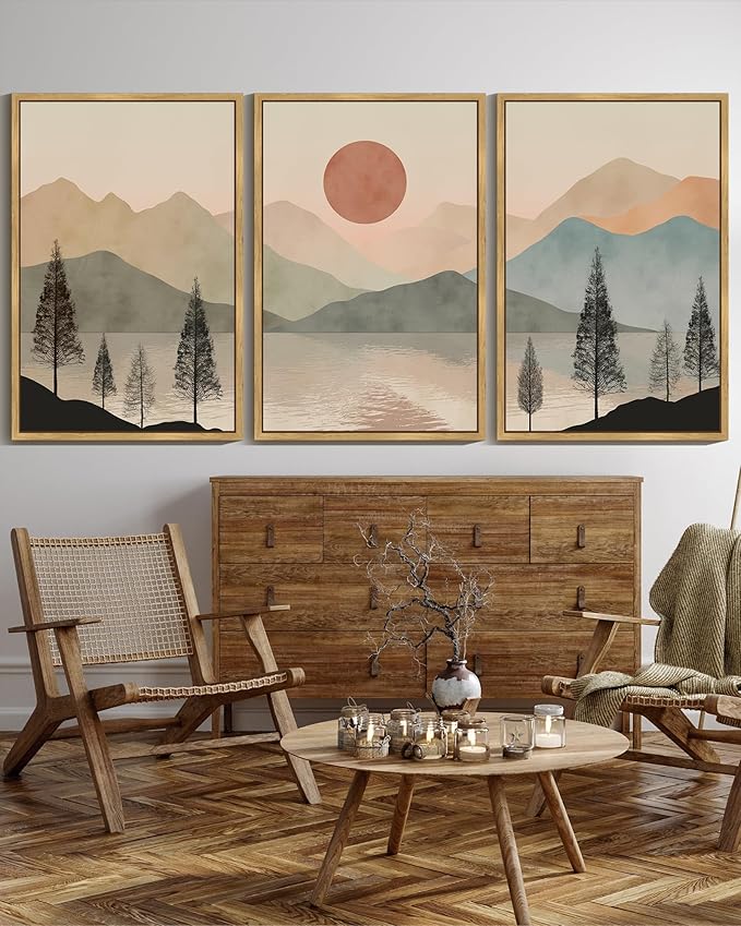 KUVIOKE Vintage Landscape Framed Wall Art Mountain Range Wall Decor Ink Wash Watercolor Nature Laker Sun Rises Prints Bedroom Living Dining Room Ready to Hang 24x36in (Natural Framed)