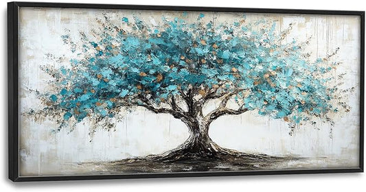 Flintis Large Tree of Life Framed Wall Art Teal Blue Tree Pictures Wall Decor Abstract Natural Landscape Canvas Painting Print Artworks Framed for Living Room Bathroom Master Bedroom 60L X 30W