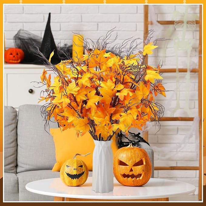 12 Pcs 19.7 Inch Artificial Fall Flowers Orange Fall Fake Maple Leaf Floral Stems Autumn Floral Picks Thanksgiving Harvest Centerpieces Decorations for Home Indoor Vase Arrangement Decor