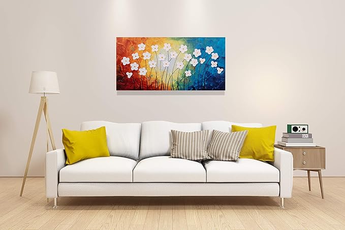 Yihui Arts Flower Pictures Wall Decor Hand Painted 3D Light Blue Yellow Red and White Canvas Oil Paintings Modern Big Horizontal Artwork for Living Room Bedroom Nursery Decoration