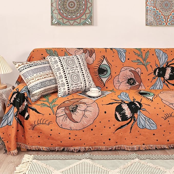 Boho Throw Blanket for Bed Couch Sofa Reversible Cotton Bohemian Travel Boho Quilt Mexican Muslin Blanket Tapestry Hippie Room Decor Outdoor Blanket Double Sided (Boho Bee Yelow 70"x90")