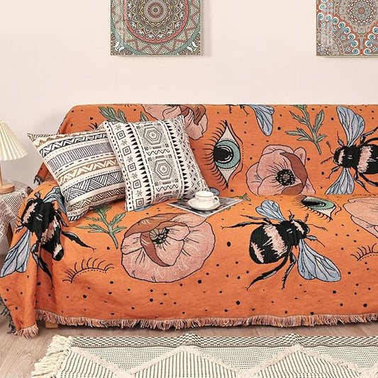 Boho Throw Blanket for Bed Couch Sofa Reversible Cotton Bohemian Travel Boho Quilt Mexican Muslin Blanket Tapestry Hippie Room Decor Outdoor Blanket Double Sided (Boho Bee Yelow 60"x80")