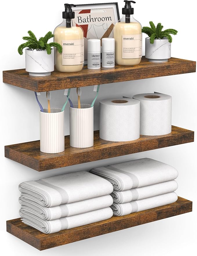 BAYKA Floating Shelves Bathroom for Wall – Shelf Over Toilet Farmhouse Rustic Wood for Bedroom, Kitchen, or Living Room Decor Organization, Fall Bathroom Decor Shelves – Rustic Brown, Set of 3