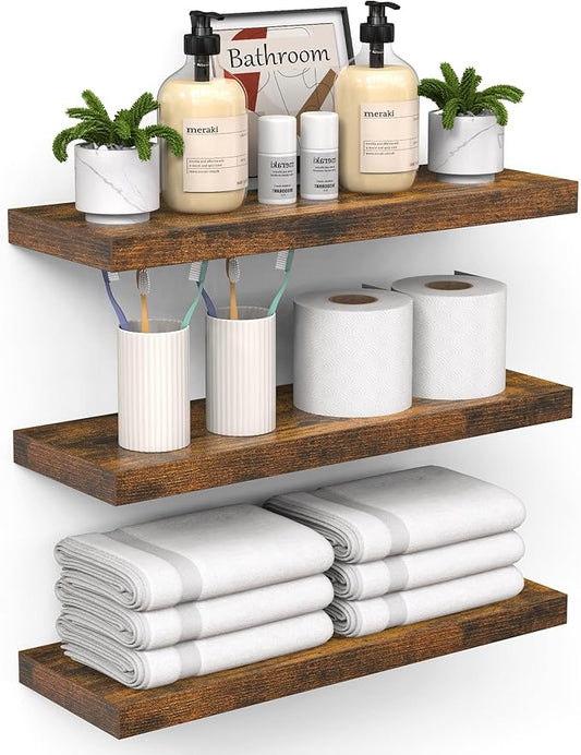 BAYKA Floating Shelves Bathroom for Wall – Shelf Over Toilet Farmhouse Rustic Wood for Bedroom, Kitchen, or Living Room Decor Organization, Fall Bathroom Decor Shelves – Rustic Brown, Set of 3