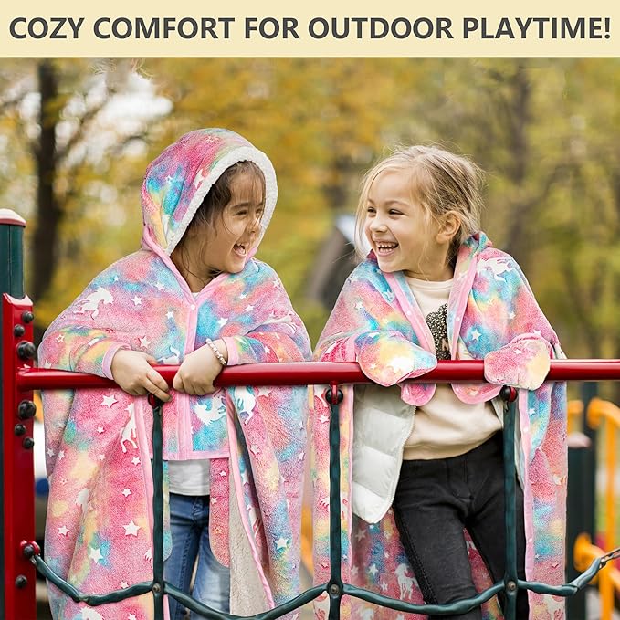 Unicorn Glow In The Dark Wearable Blanket For Girls- Soft Warm 52"X60" Flannel Fleece Unicorn Gifts For Girls Age 8-10, 6-8, 4-6, Hooded Throw Blanket Gift For Kids