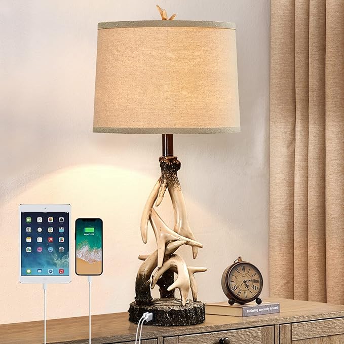 28" Farmhouse Table Lamp for Living Room, Western Rustic Lamp with USB Charging Ports Country Cabin Bedside Antler Lamps for Bedroom Foyer Office Vintage Rotary Control Single Brown- Bulb Not Included