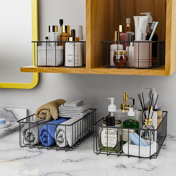 Joben Oligey 9 PACK (3 Szie) Small Wire Storage Baskets for Organizing,Pantry Organization Bins for Cabinets, Metal Basket for Kitchen, Bathroom Organizer (Black-9)