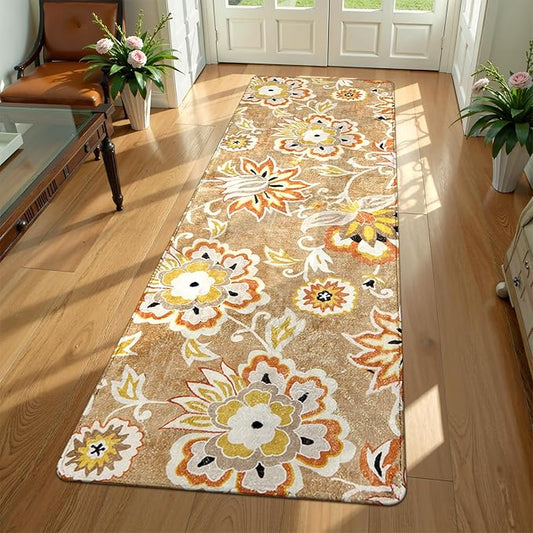 Lahome Floral Runners Rugs for Hallways - 2x6 Washable Non-Slip Kithcen Runner Rug Throw Soft Lightweight Bedroom Rug, Tan Paisley Print Modern Indoor Carpet Runner for Bathroom Laundry Room Entrance