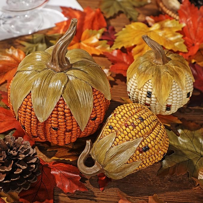 Briful Fall Corn Pumpkin Set 3PCS Resin Pumpkins Harvest Decorative Faux Corn Pumpkins for Home Thanksgiving Table Centerpiece Tray Display Indoor & Outdoor Autumn Decor