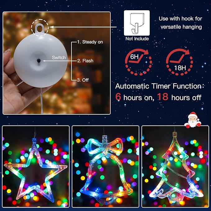 suddus Christmas Window Lights Decorations, 3Pcs Tree-Jingle Bell-Star Shaped Xmas Lights Battery Powered with Suction Cups & Timer, Hanging String Lights Indoor for Tree, Fireplace, Multicolor