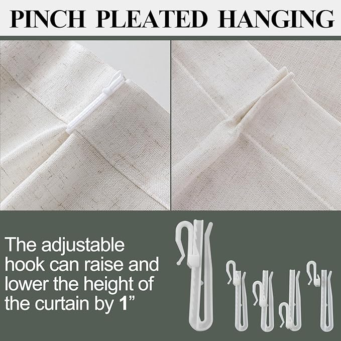 Ivory Pinch Pleated Linen Semi Sheer Curtains 96 Inches Long, Flax Light Filtering Drapes for Living Room Bedroom, White Oatmeal Window Treatments, Rustic Farmhouse Curtain Panels