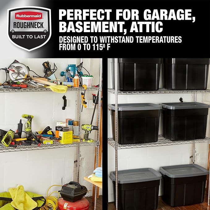 Rubbermaid 3-Pack Garage Storage Bins 18x12 Inch Heavy Duty Storage Bins, Large Capacity - USA Made Stackable Plastic Bins with Lids Black