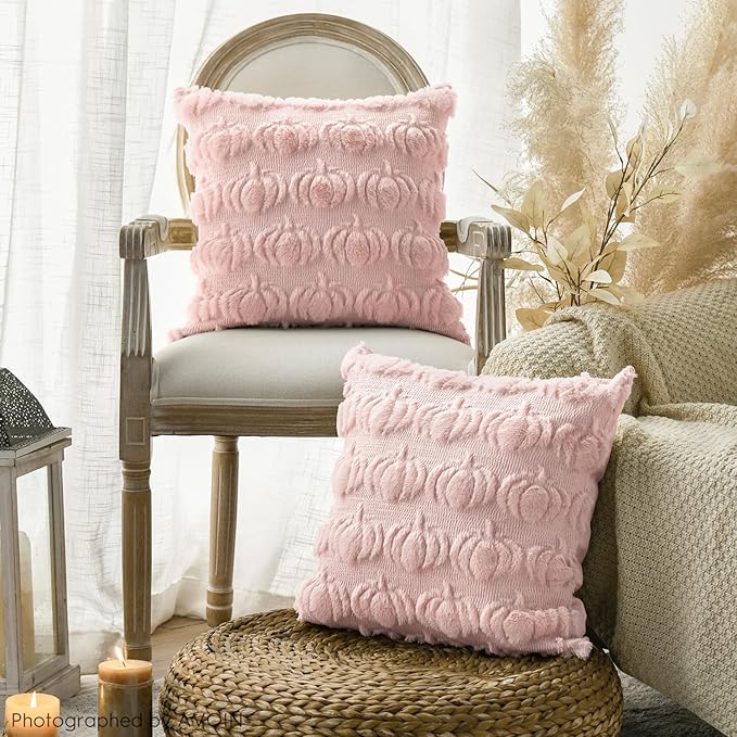 AVOIN colorlife Fall Pumpkin Pink Throw Pillow Covers, 18 x 18 Inch Seasonal Autumn Thanksgiving Harvest Decoration Soft Plush Faux Fur Jacquard Cushion Case Decoration for Sofa Couch Set of 2
