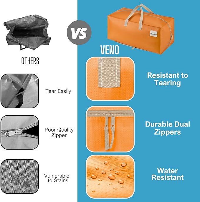 VENO 6 Pack Moving Bags w/Backpack Straps, Heavy Duty, Moving Boxes Alternative, Packing Supplies, Large Storage Totes for Dorm Room Essentials with Zipper (Seasonal Autumn Orange, 6 Pack)