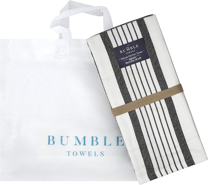 Premium Kitchen Towels 20”x 28”- 6 Pack | Large Cotton Kitchen Towels | Hand Towels for Kitchen | Flat & Terry Towel | Dish Towels | Highly Absorbent Tea Towel with Hanging Loop | Black Striped