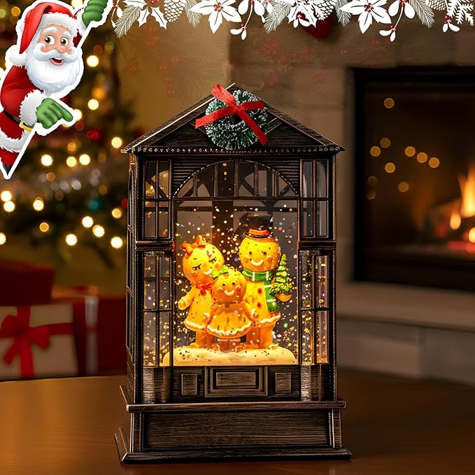 Christmas Snow Globe, Lighted Gingerbread Man Family Scene, Musical Snow Water Lantern Swirling Glittering Holiday Decoration and Gift for Family Children or Friends