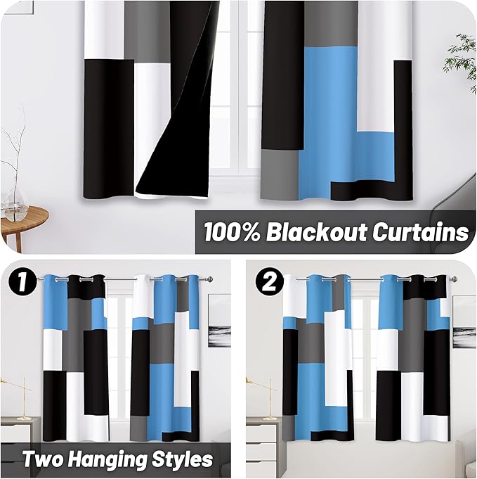 Light Blue 100% Blackout Curtains 45 inch Length 2 Panels Set White Grey Modern Abstract Geometric Drapes for Kitchen Black Out Curtains Insulated Room Darkening Small Window Curtains, 42Wx45L