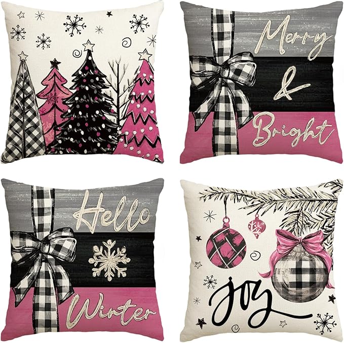 AVOIN colorlife Merry Christmas Joy Xmas Trees Pink Throw Pillow Covers, 18 x 18 Inch Christmas Winter Holiday Cushion Case Decoration for Sofa Couch Set of 4