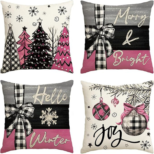 AVOIN colorlife Merry Christmas Joy Xmas Trees Pink Throw Pillow Covers, 18 x 18 Inch Christmas Winter Holiday Cushion Case Decoration for Sofa Couch Set of 4