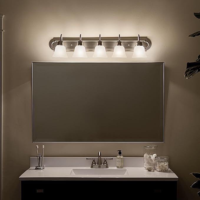 Kichler 36" 5-Light Vanity Bath Light in Brushed Nickel, Modern Bathroom Light with Clear Satin Etched Glass, (36" W x 8" H), 5339NIS