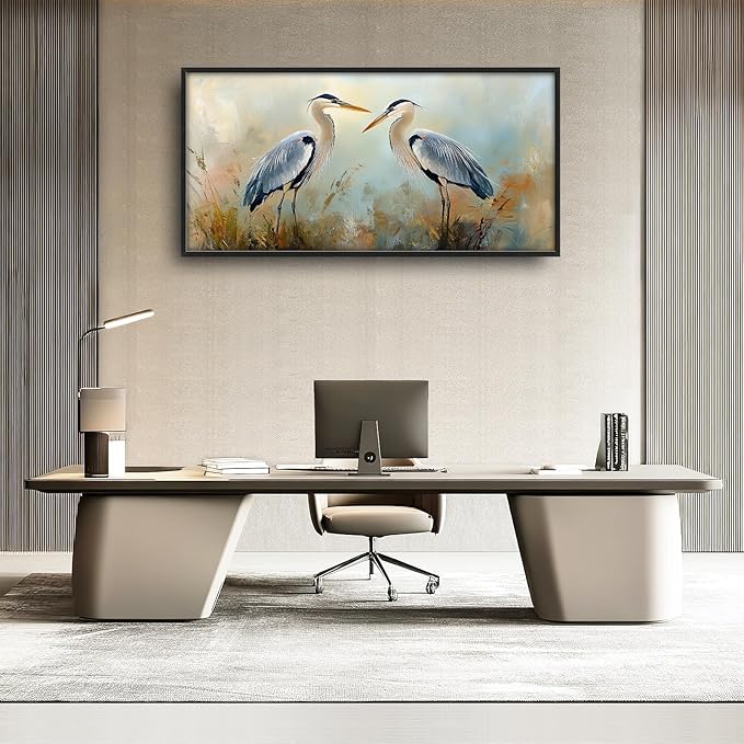 Blue Heron Framed Wall Art for Living Room, Large Birds Canvas Wall Decor, Animal Pictures Painting, Modern Artwork for Bathroom Bedroom 60L'' × 30W''