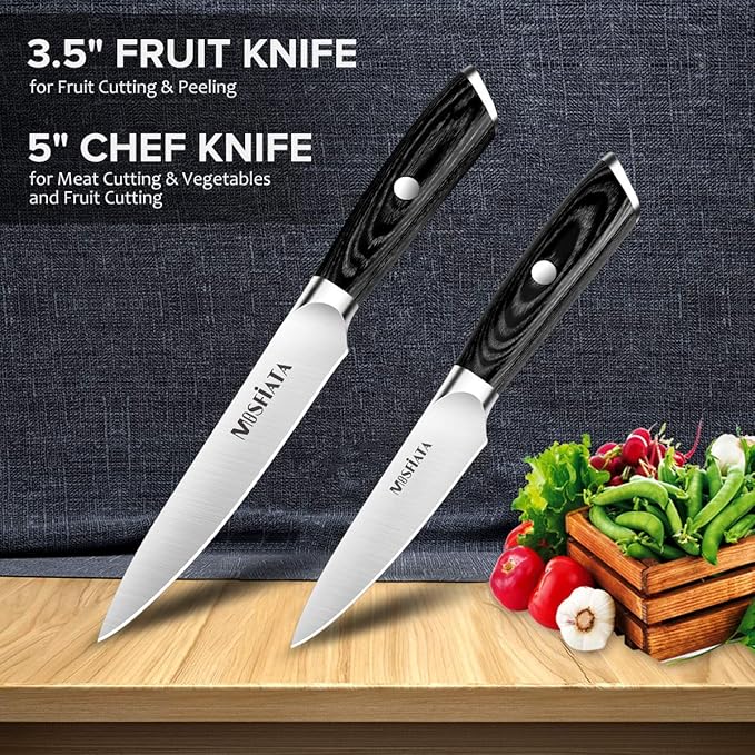MOSFiATA 5” Chef Knife and 3.5" Fruit Knife Set with Knife Sheath, German High Carbon Stainless Steel EN.4116 with Micarta Handle and Gift Box for Vegetable and Fruit Cutting