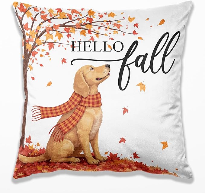 Hello Fall Dog Pillow Covers 18x18, Farmhouse Autumn Decor,Fall Autumn Maple Leaves Decorative Throw Pillow Covers for Home Bedroom Living Room,Dog Lover Gifts