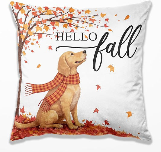 Hello Fall Dog Pillow Covers 18x18, Farmhouse Autumn Decor,Fall Autumn Maple Leaves Decorative Throw Pillow Covers for Home Bedroom Living Room,Dog Lover Gifts